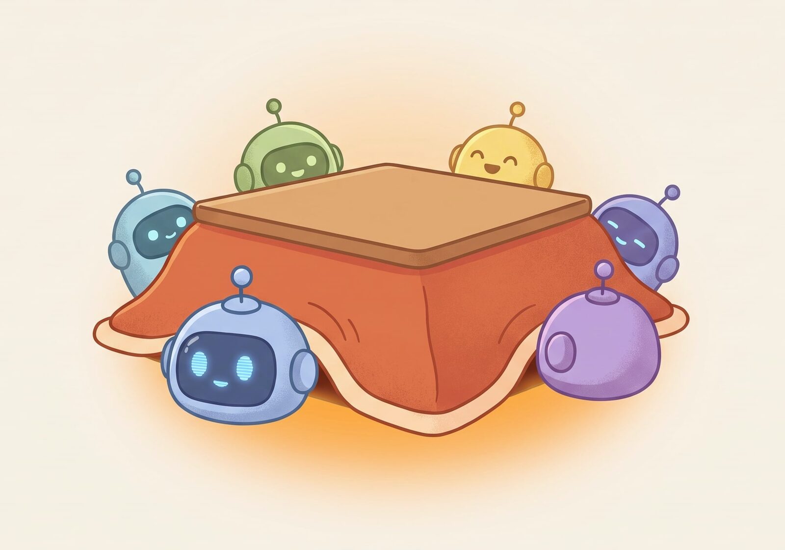 Six little robots peek out from under a kotatsu quilt, warmed by an amber glow.
